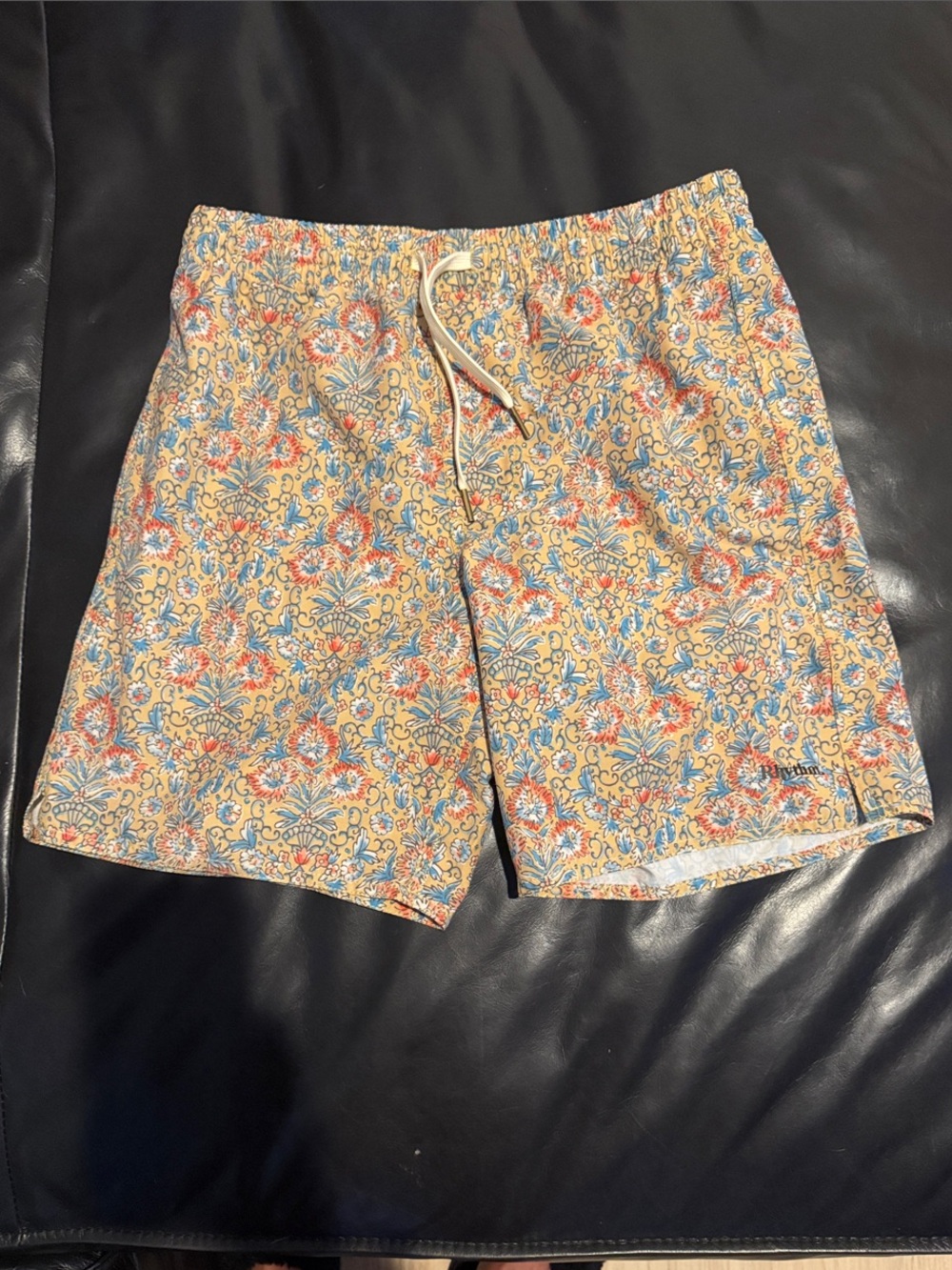 Rhythm. Yellow Floral Swim Board Shorts with Blue & Red Accents